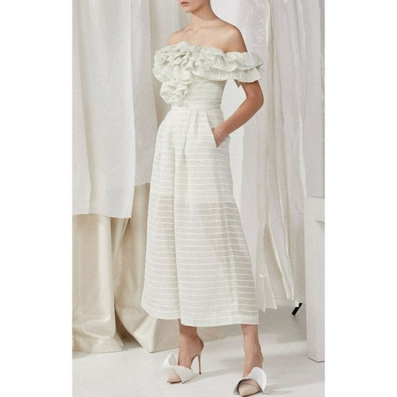 Acler Ruffled Off Shoulder Jumpsuit Size 2 Mint Green Pockets Cropped Wide Leg - Picture 6 of 14